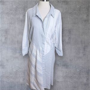 Soft Surroundings Seaport Midi Dress XL Blue White Stripe Linen Shirt Dress